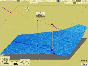 Bateau et position du chalut sur le fond en vue 3D