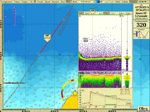 Échogramme du sondeur ES60 associé à la trace du bateau sur la carte