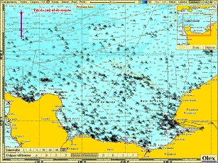 Base de données des épaves du SHOM affichée sur la carte d’Olex